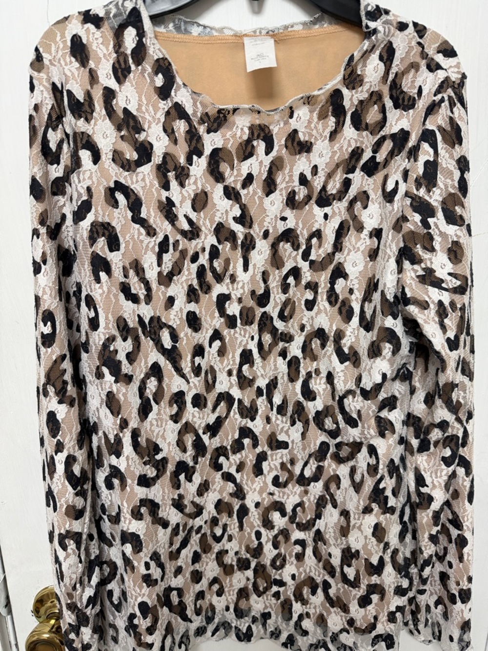 Leopard Print Lace Long Sleeve Top - Neutral Tones large